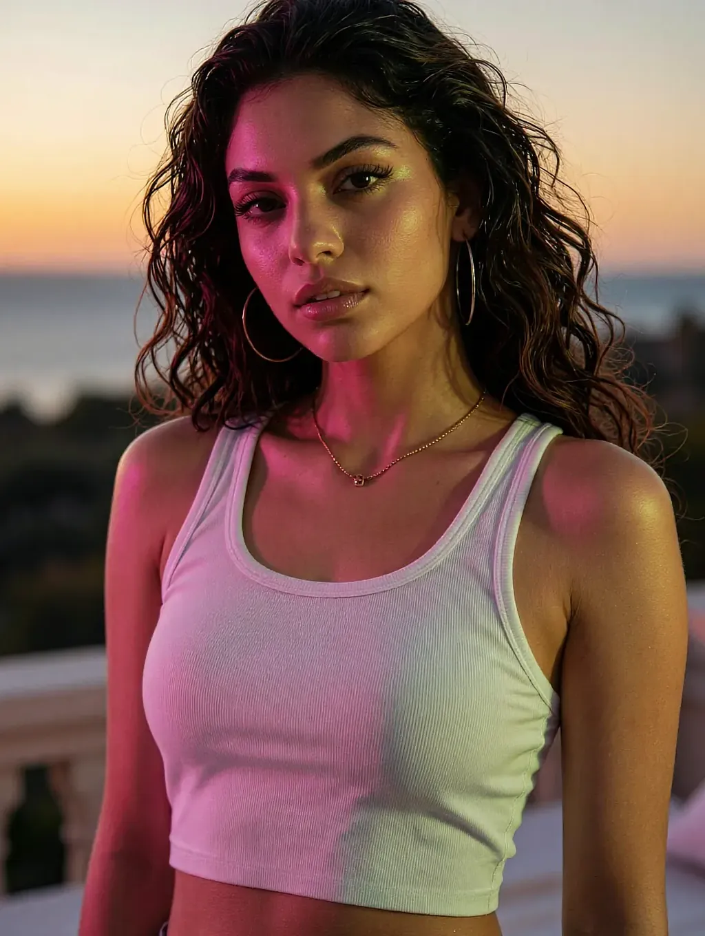 Fictional AI character with dark curls in a light tank top against a sunset sky