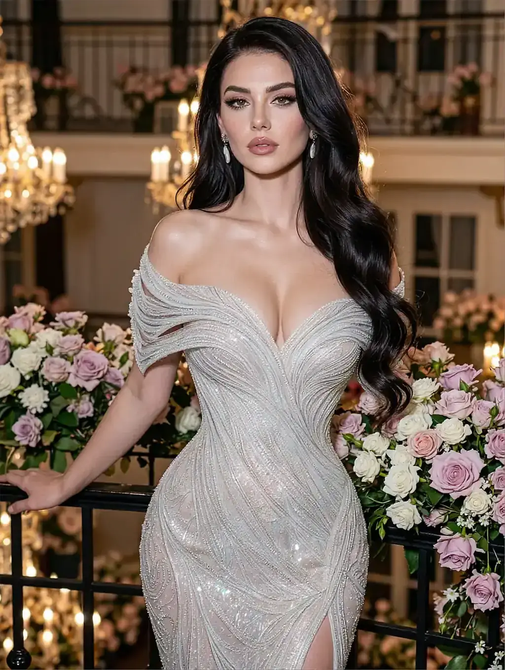 Fictional AI character in a sparkling off-shoulder gown beside a chandelier and roses