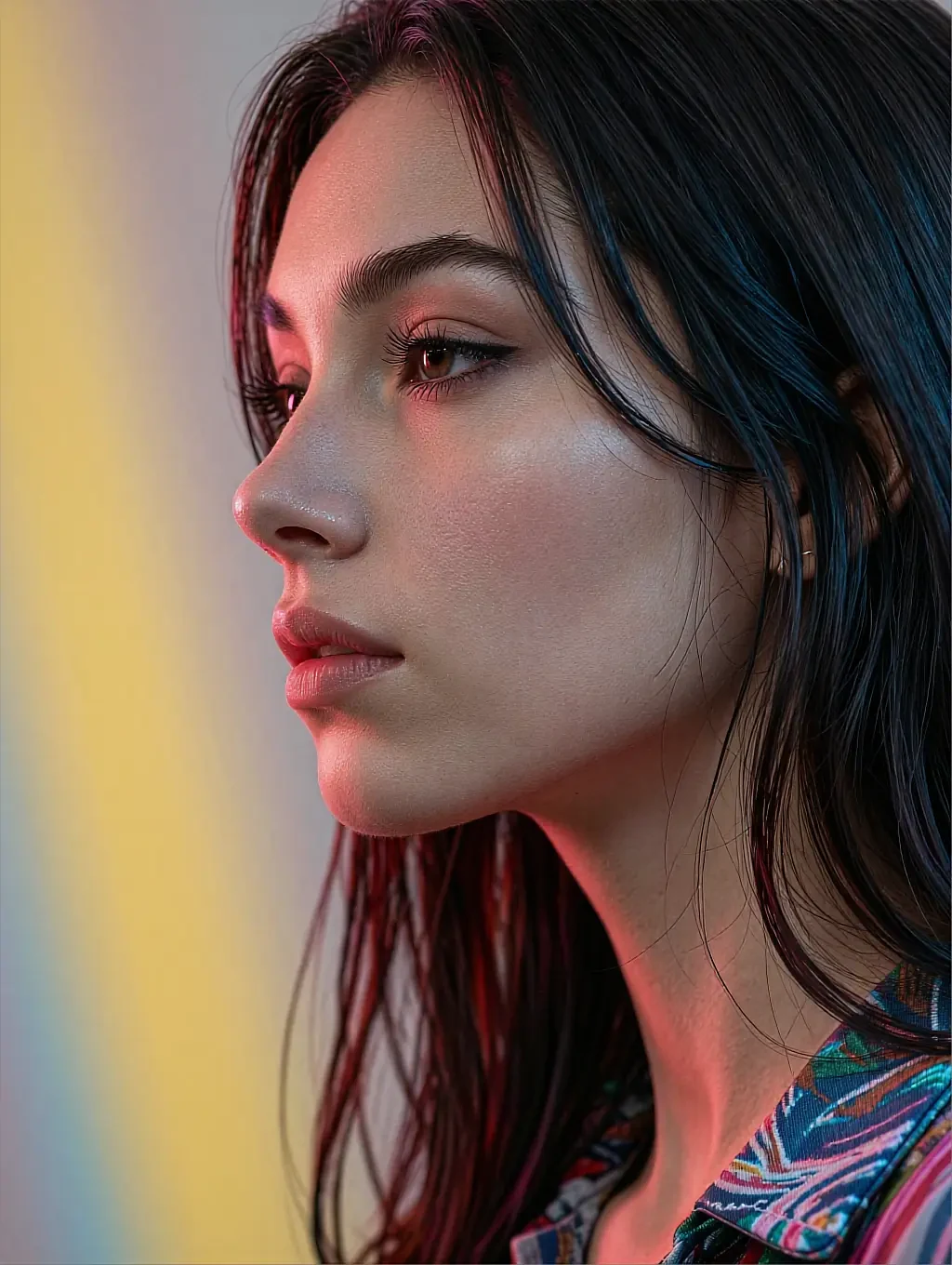 Profile of a fictional AI character, her skin catching a rainbow gradient of light